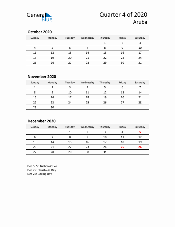 2020 Q4 Three-Month Calendar for Aruba