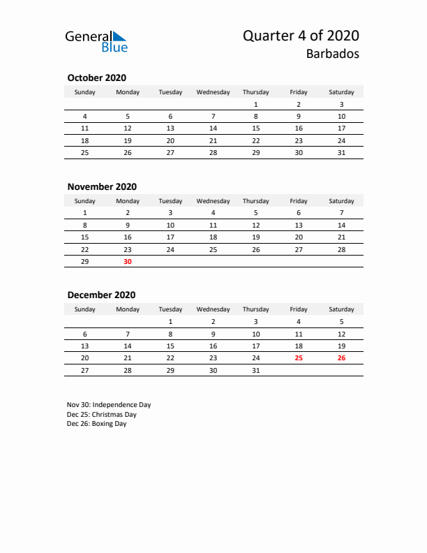 2020 Q4 Three-Month Calendar for Barbados