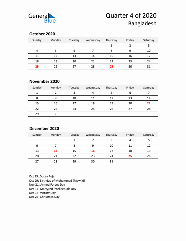 2020 Q4 Three-Month Calendar for Bangladesh