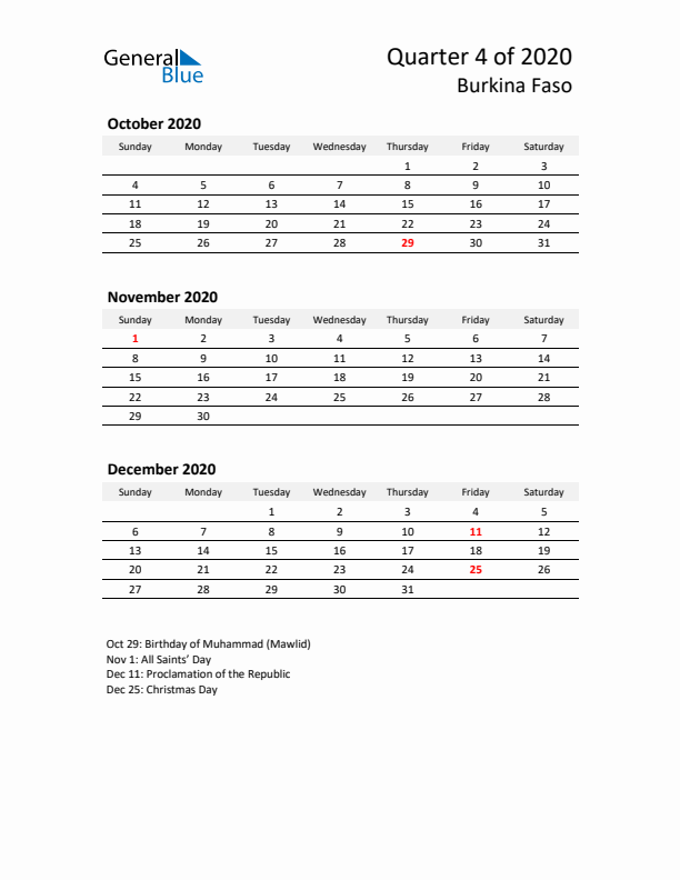 2020 Q4 Three-Month Calendar for Burkina Faso