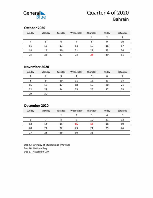 2020 Q4 Three-Month Calendar for Bahrain