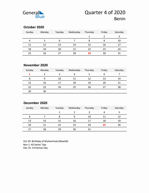 2020 Q4 Three-Month Calendar for Benin