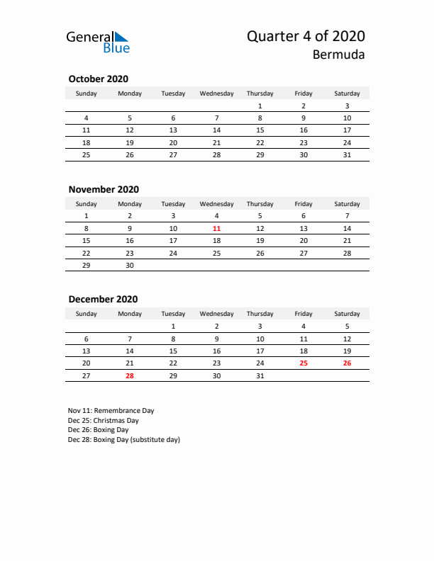 2020 Q4 Three-Month Calendar for Bermuda