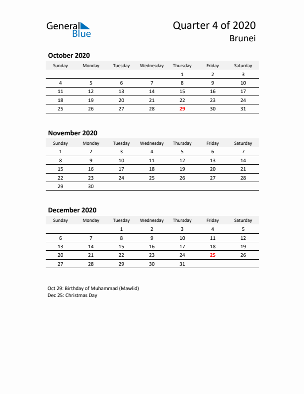 2020 Q4 Three-Month Calendar for Brunei