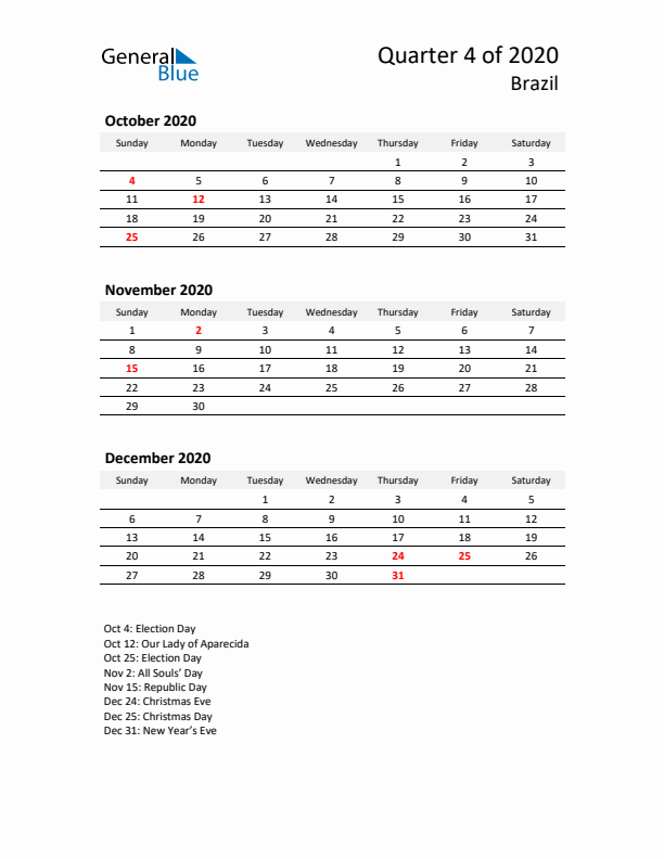 2020 Q4 Three-Month Calendar for Brazil