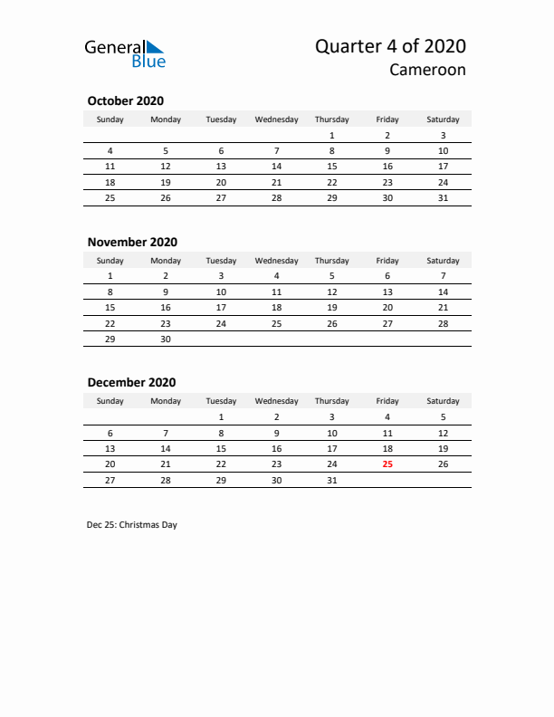 2020 Q4 Three-Month Calendar for Cameroon