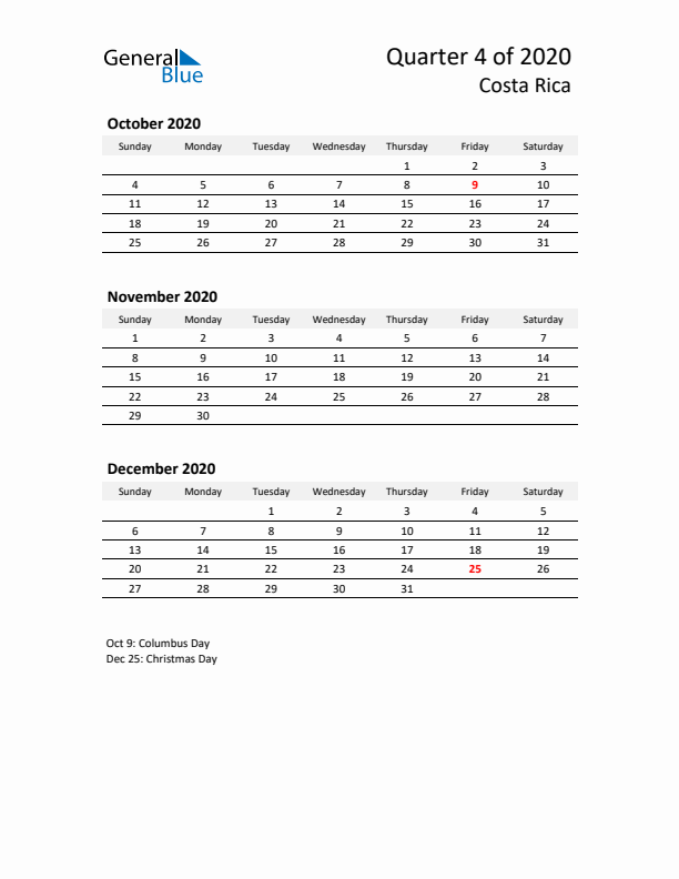 2020 Q4 Three-Month Calendar for Costa Rica