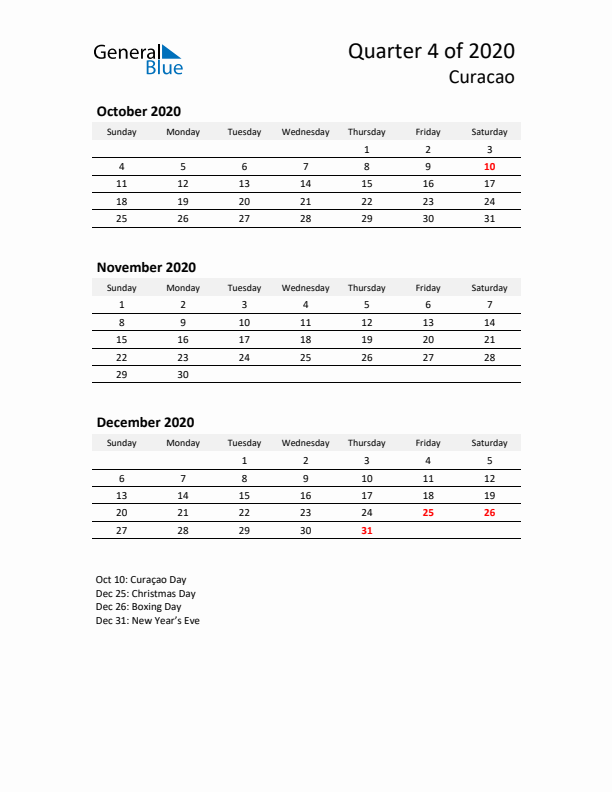 2020 Q4 Three-Month Calendar for Curacao