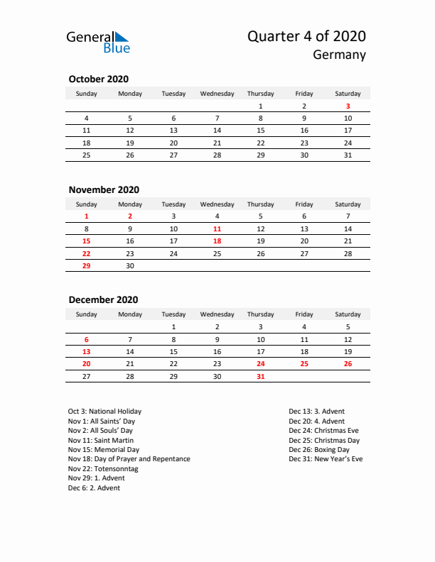 2020 Q4 Three-Month Calendar for Germany