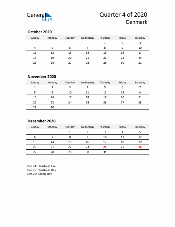 2020 Q4 Three-Month Calendar for Denmark