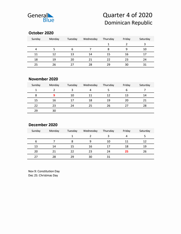 2020 Q4 Three-Month Calendar for Dominican Republic