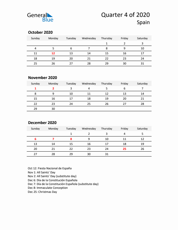 2020 Q4 Three-Month Calendar for Spain