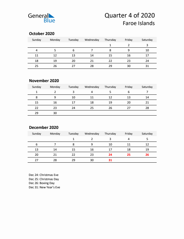 2020 Q4 Three-Month Calendar for Faroe Islands