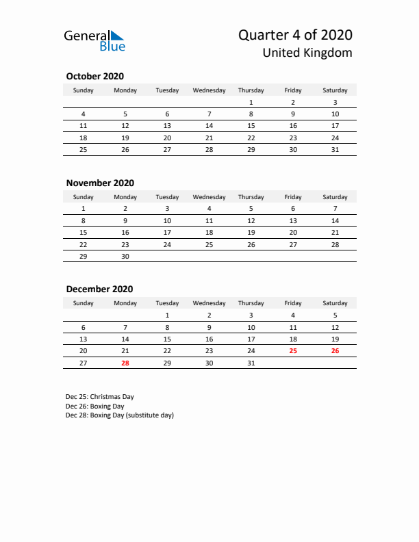 2020 Q4 Three-Month Calendar for United Kingdom