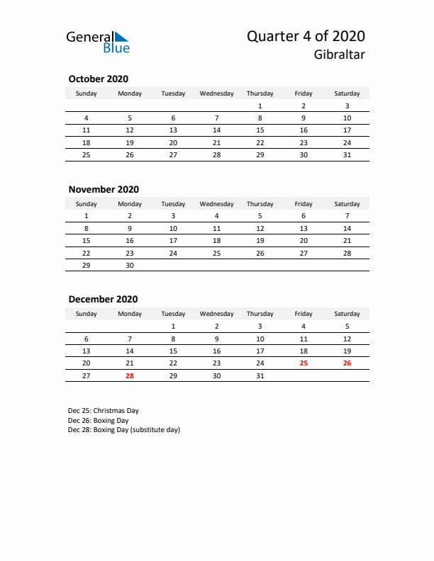 2020 Q4 Three-Month Calendar for Gibraltar