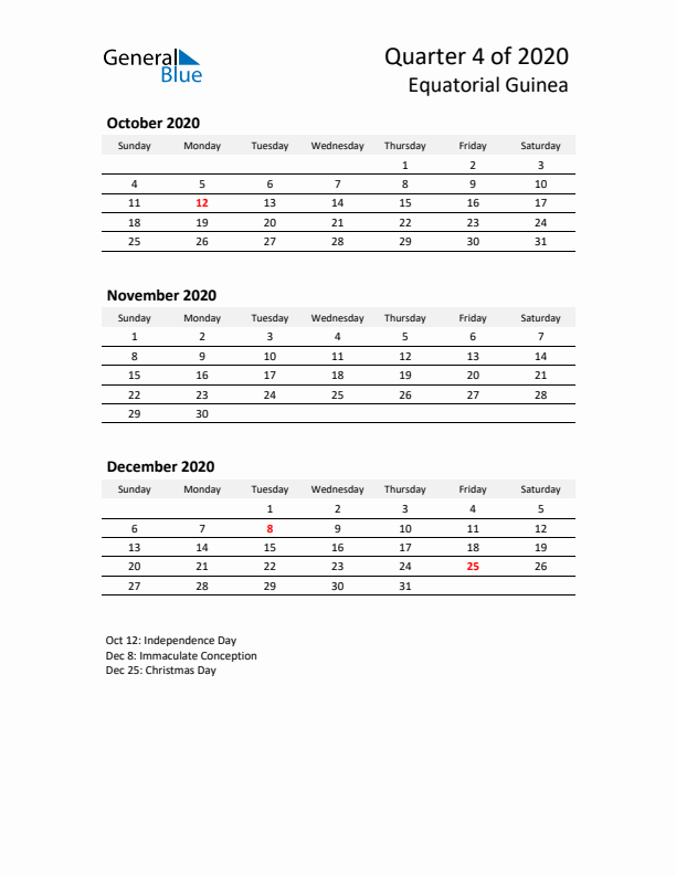 2020 Q4 Three-Month Calendar for Equatorial Guinea