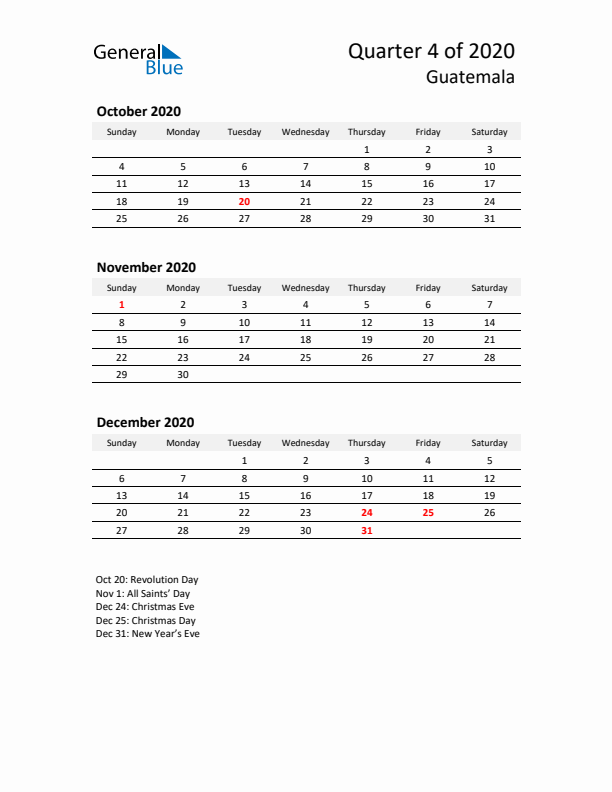 2020 Q4 Three-Month Calendar for Guatemala