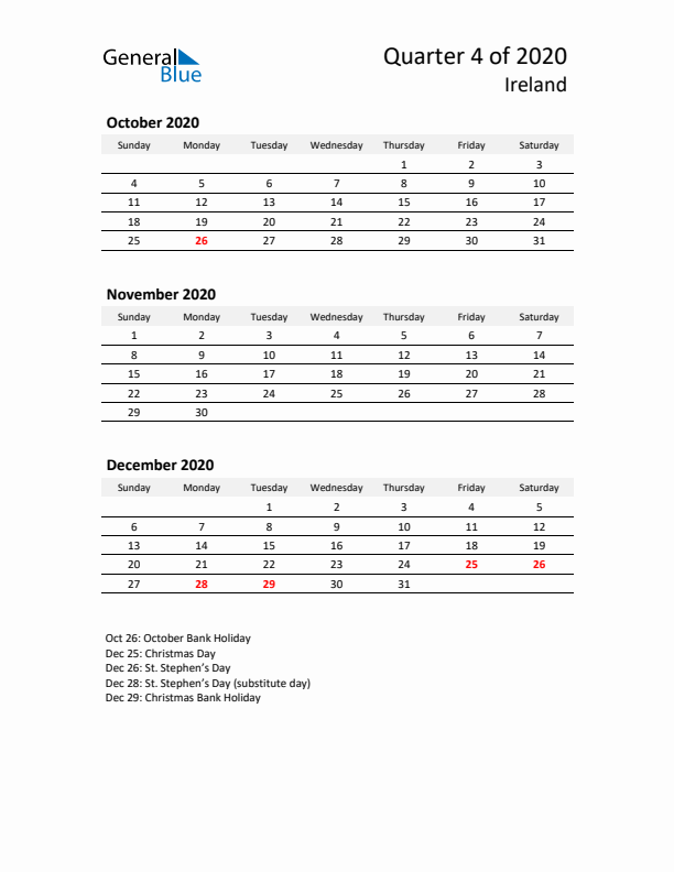 2020 Q4 Three-Month Calendar for Ireland