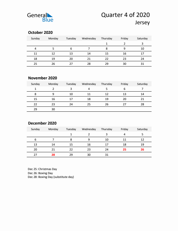 2020 Q4 Three-Month Calendar for Jersey