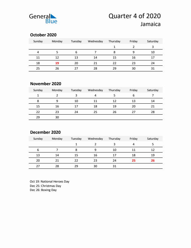 2020 Q4 Three-Month Calendar for Jamaica