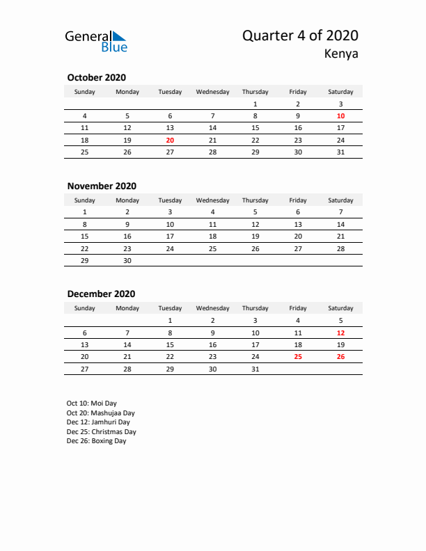 2020 Q4 Three-Month Calendar for Kenya