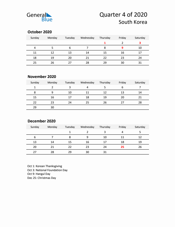 2020 Q4 Three-Month Calendar for South Korea