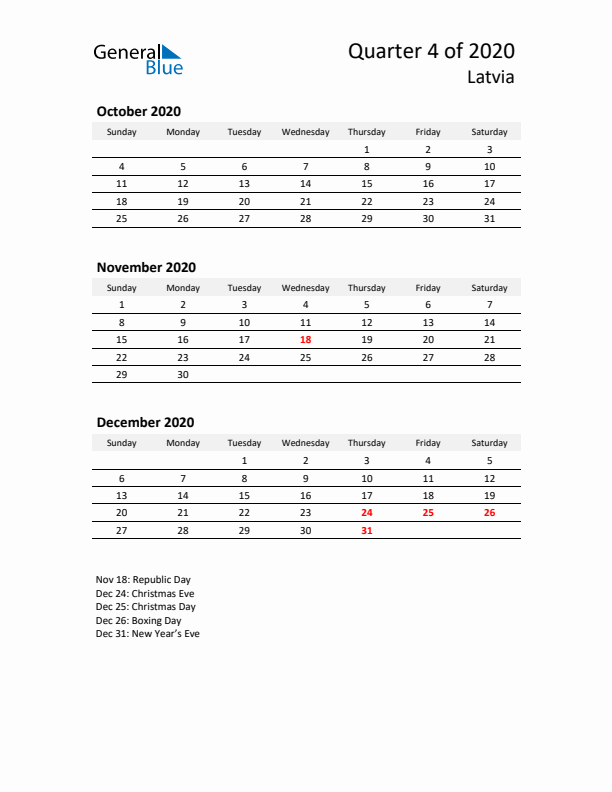 2020 Q4 Three-Month Calendar for Latvia