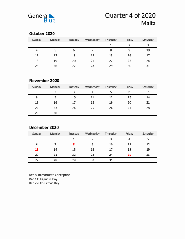 2020 Q4 Three-Month Calendar for Malta