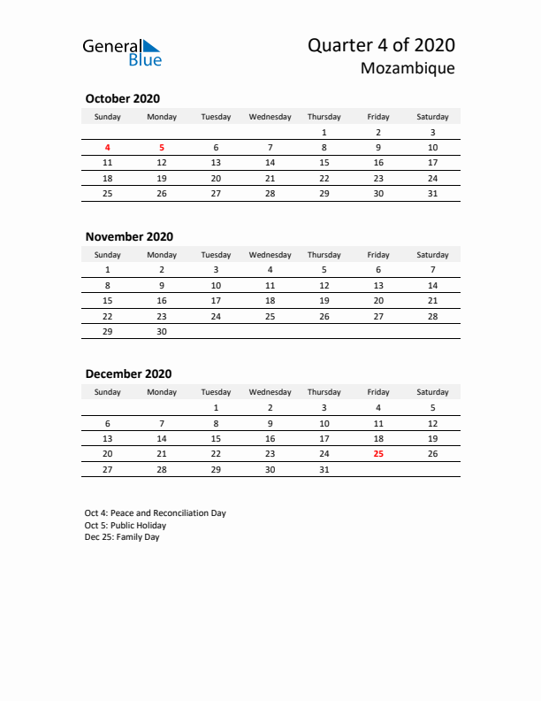 2020 Q4 Three-Month Calendar for Mozambique