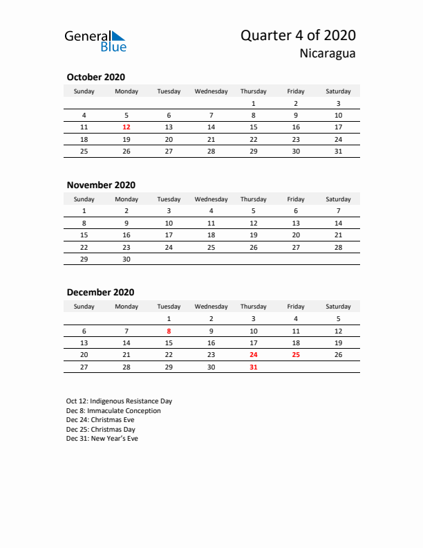 2020 Q4 Three-Month Calendar for Nicaragua