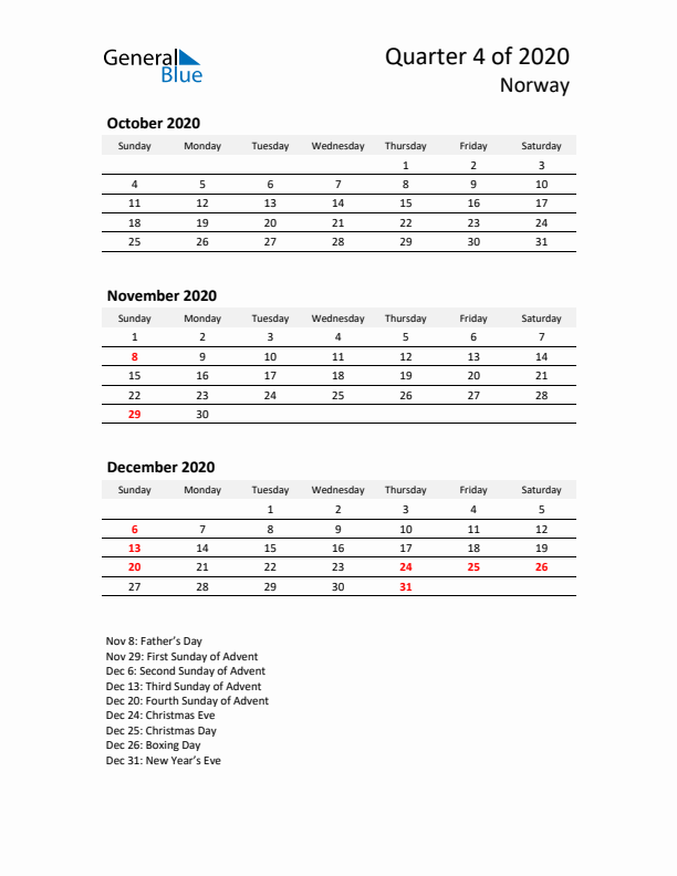 2020 Q4 Three-Month Calendar for Norway