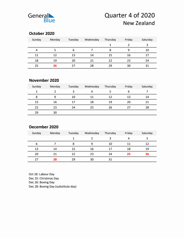 2020 Q4 Three-Month Calendar for New Zealand