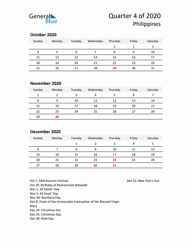 2020 Q4 Three-Month Calendar for Philippines