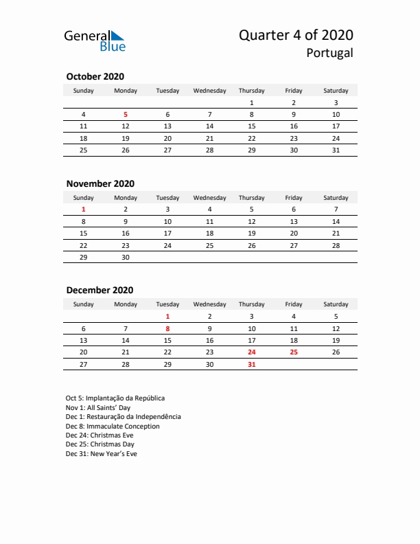 2020 Q4 Three-Month Calendar for Portugal