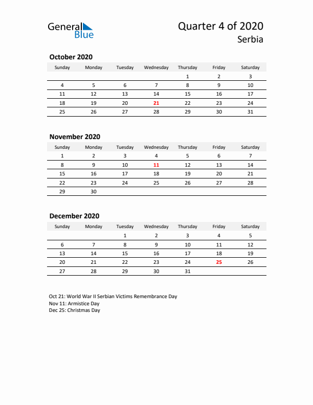 2020 Q4 Three-Month Calendar for Serbia