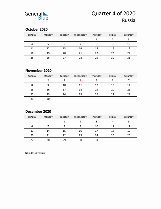 2020 Q4 Three-Month Calendar for Russia