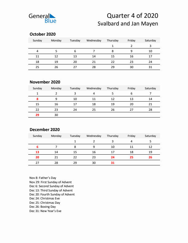 2020 Q4 Three-Month Calendar for Svalbard and Jan Mayen