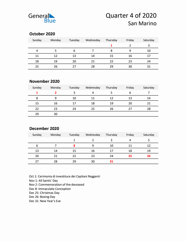 2020 Q4 Three-Month Calendar for San Marino