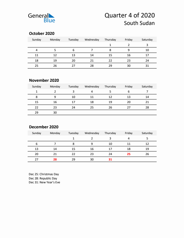 2020 Q4 Three-Month Calendar for South Sudan