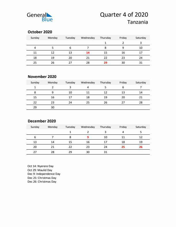 2020 Q4 Three-Month Calendar for Tanzania