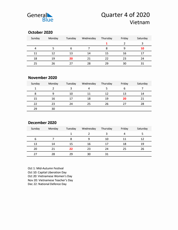 2020 Q4 Three-Month Calendar for Vietnam