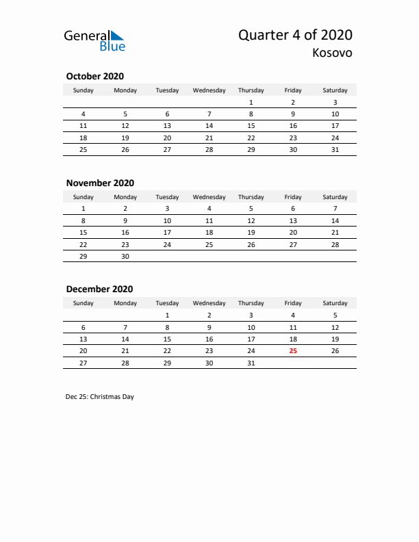 2020 Q4 Three-Month Calendar for Kosovo