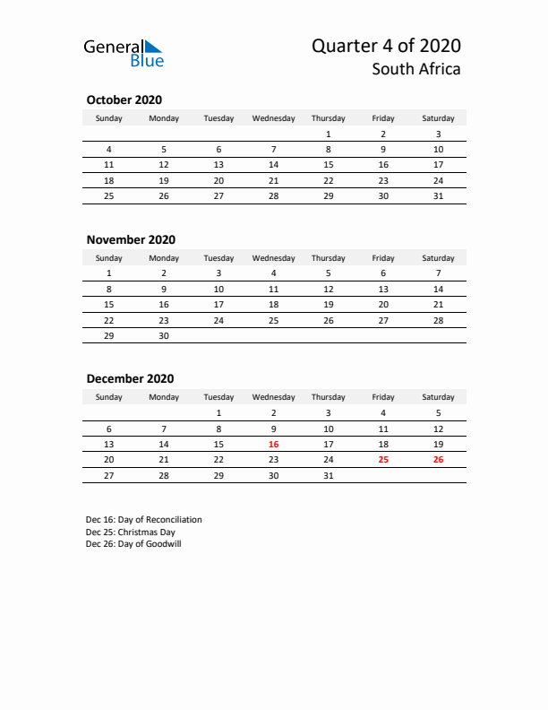 2020 Q4 Three-Month Calendar for South Africa