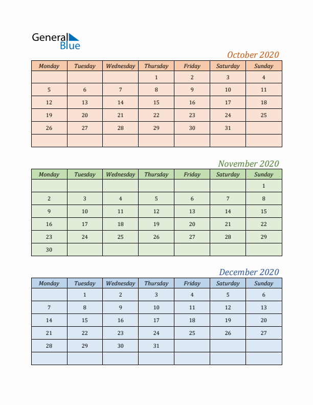 Three-Month Calendar for Year 2020 (October, November, and December)