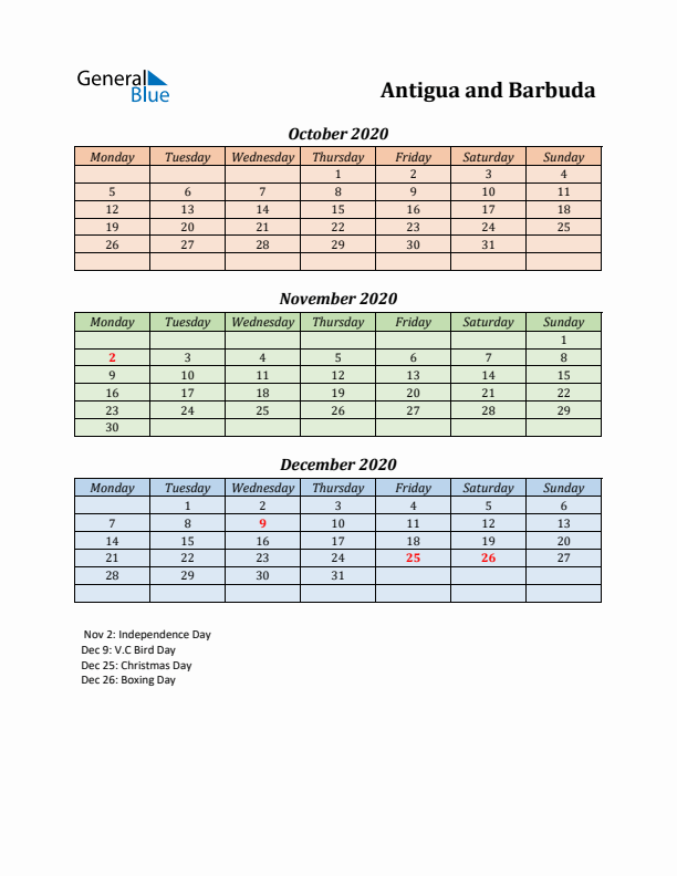 Q4 2020 Holiday Calendar - Antigua and Barbuda