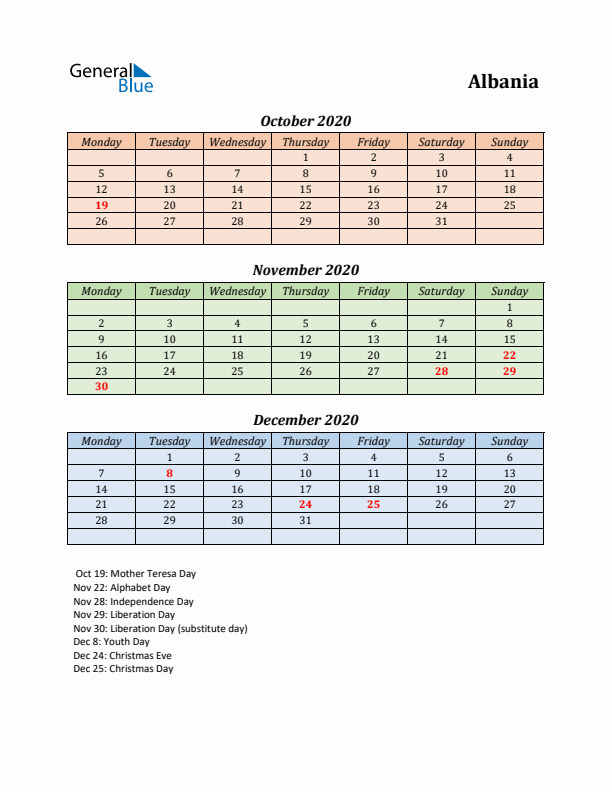 Q4 2020 Holiday Calendar - Albania