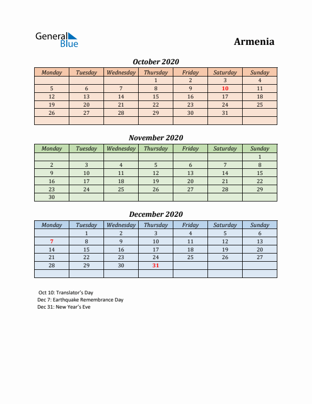 Q4 2020 Holiday Calendar - Armenia