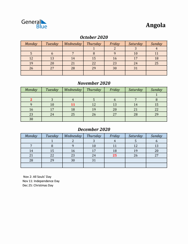 Q4 2020 Holiday Calendar - Angola