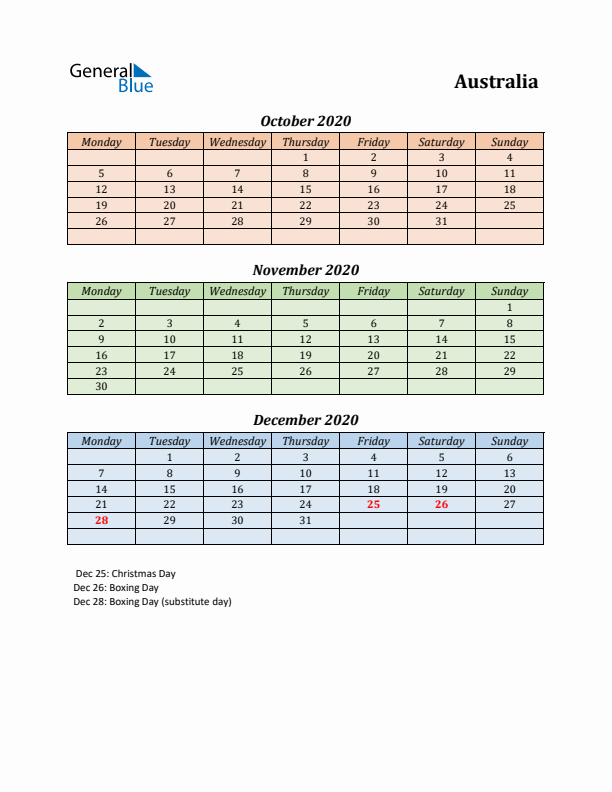 Q4 2020 Holiday Calendar - Australia