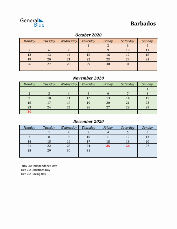 Q4 2020 Holiday Calendar - Barbados